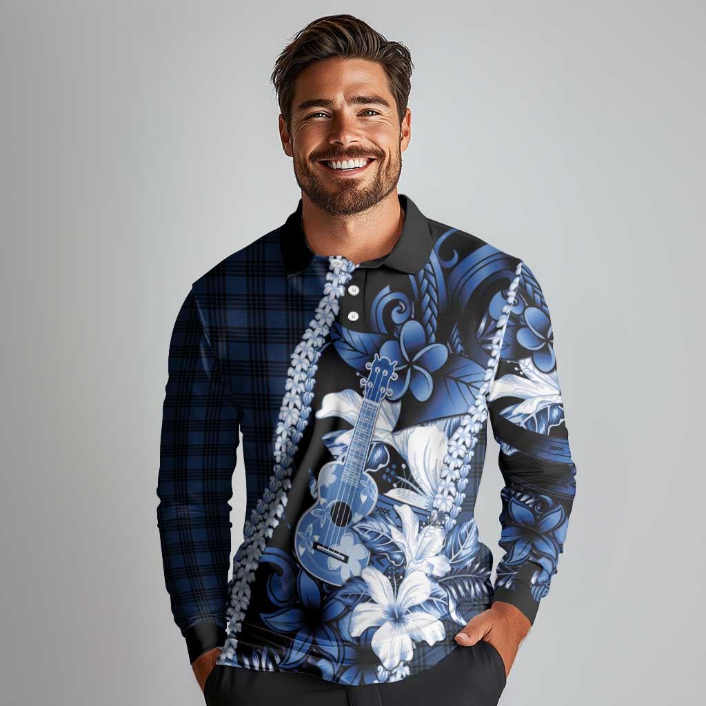 Hawaii Ukulele Long Sleeve Polo Shirt Tropical Flowers With Palaka Effect Blue Version - Polynesian Pride