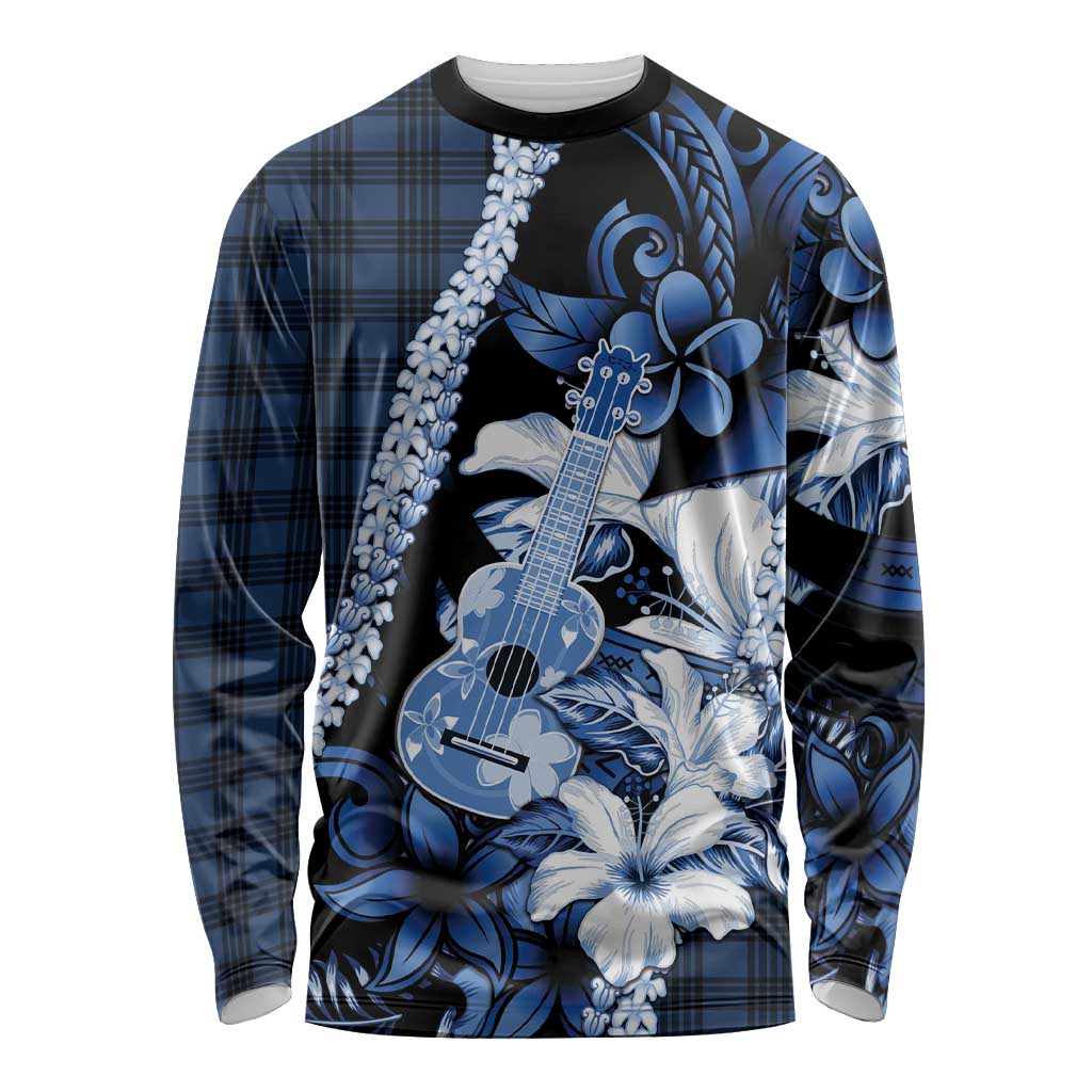 Hawaii Ukulele Long Sleeve Shirt Tropical Flowers With Palaka Effect Blue Version - Polynesian Pride