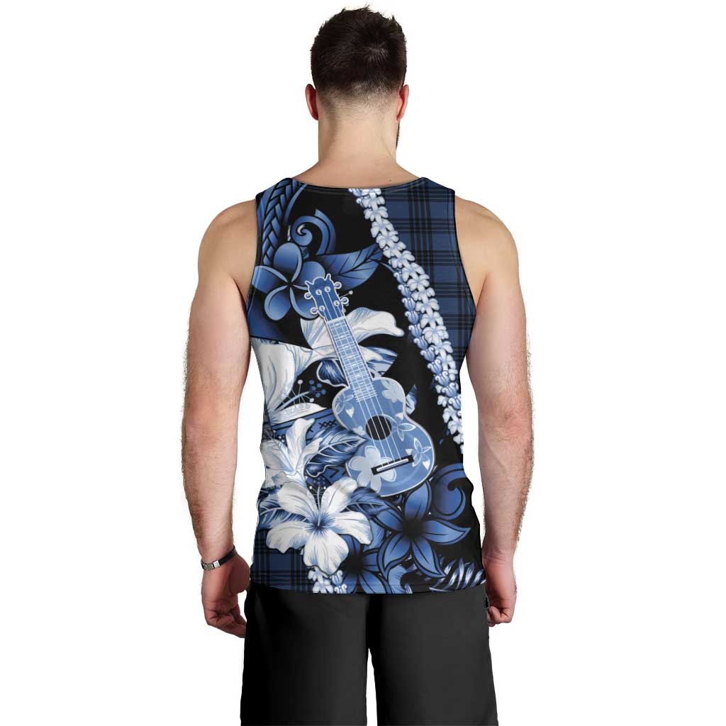 Hawaii Ukulele Men Tank Top Tropical Flowers With Palaka Effect Blue Version - Polynesian Pride