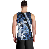 Hawaii Ukulele Men Tank Top Tropical Flowers With Palaka Effect Blue Version - Polynesian Pride
