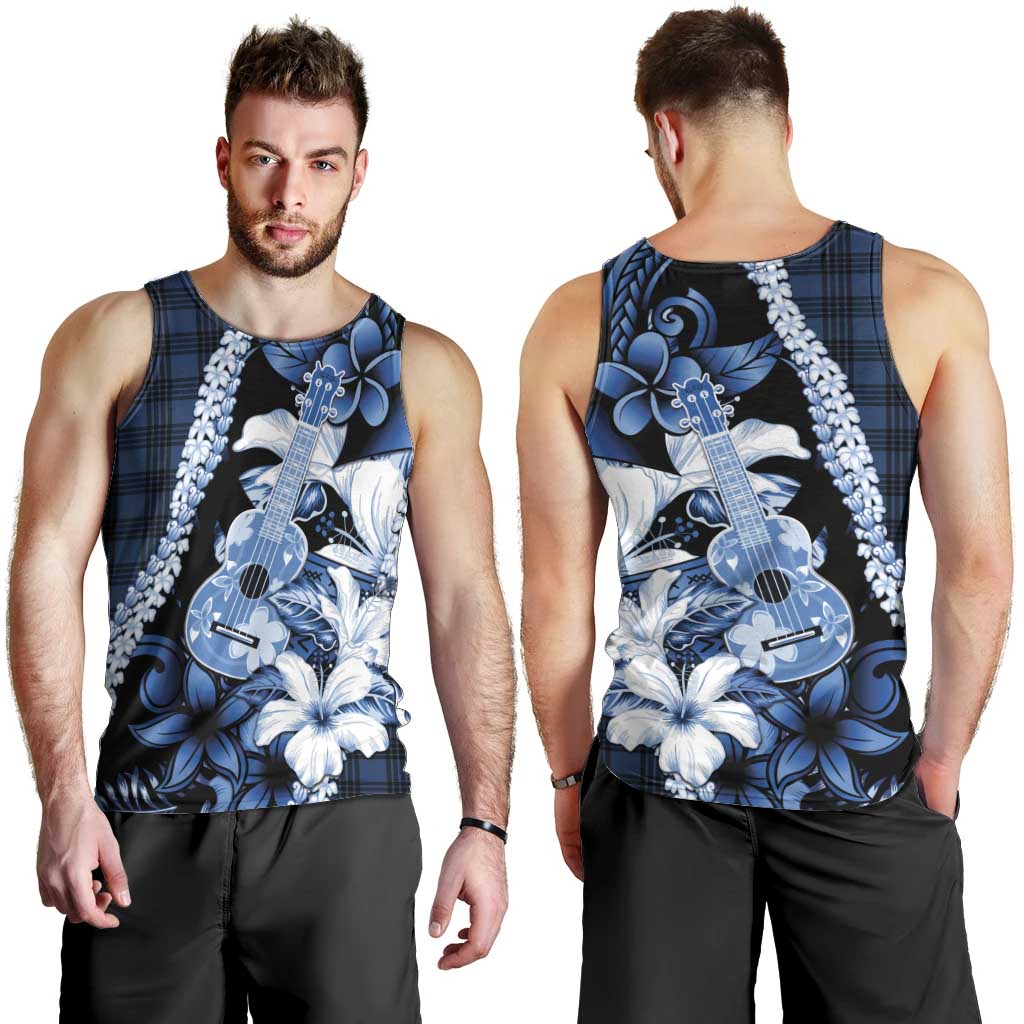 Hawaii Ukulele Men Tank Top Tropical Flowers With Palaka Effect Blue Version - Polynesian Pride