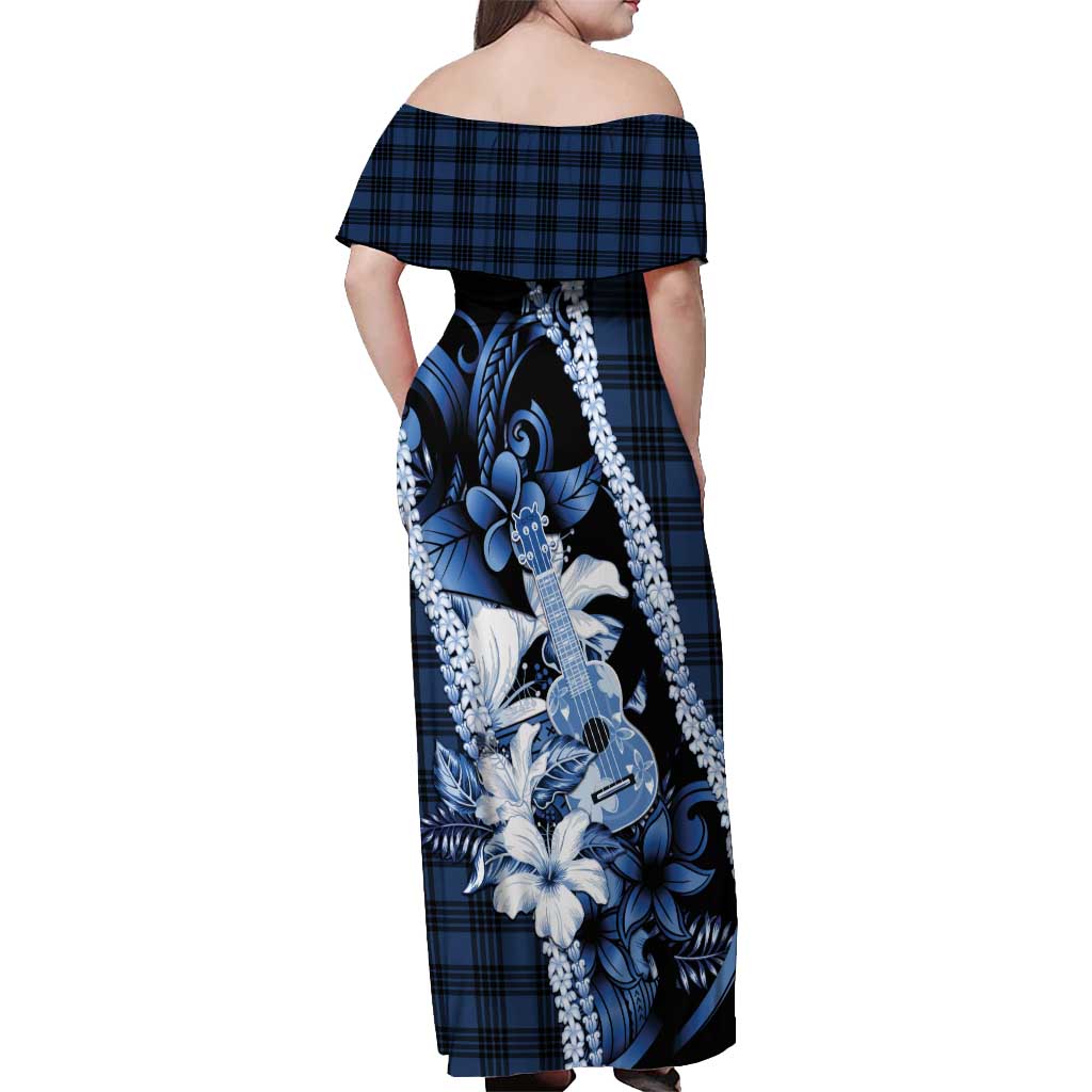 Hawaii Ukulele Off Shoulder Maxi Dress Tropical Flowers With Palaka Effect Blue Version - Polynesian Pride