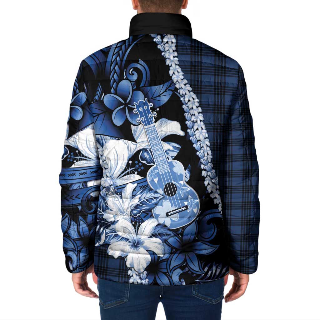 Hawaii Ukulele Padded Jacket Tropical Flowers With Palaka Effect Blue Version - Polynesian Pride