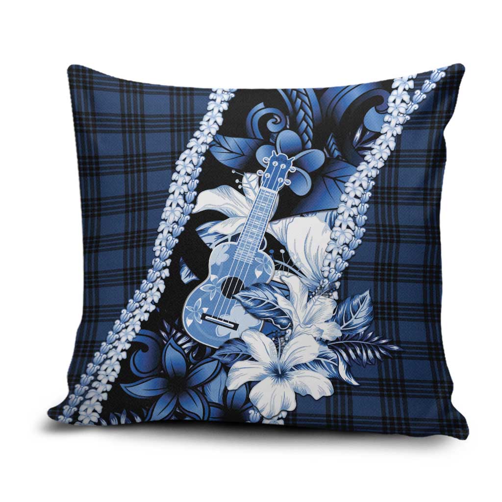 Hawaii Ukulele Pillow Cover Tropical Flowers With Palaka Effect Blue Version - Polynesian Pride