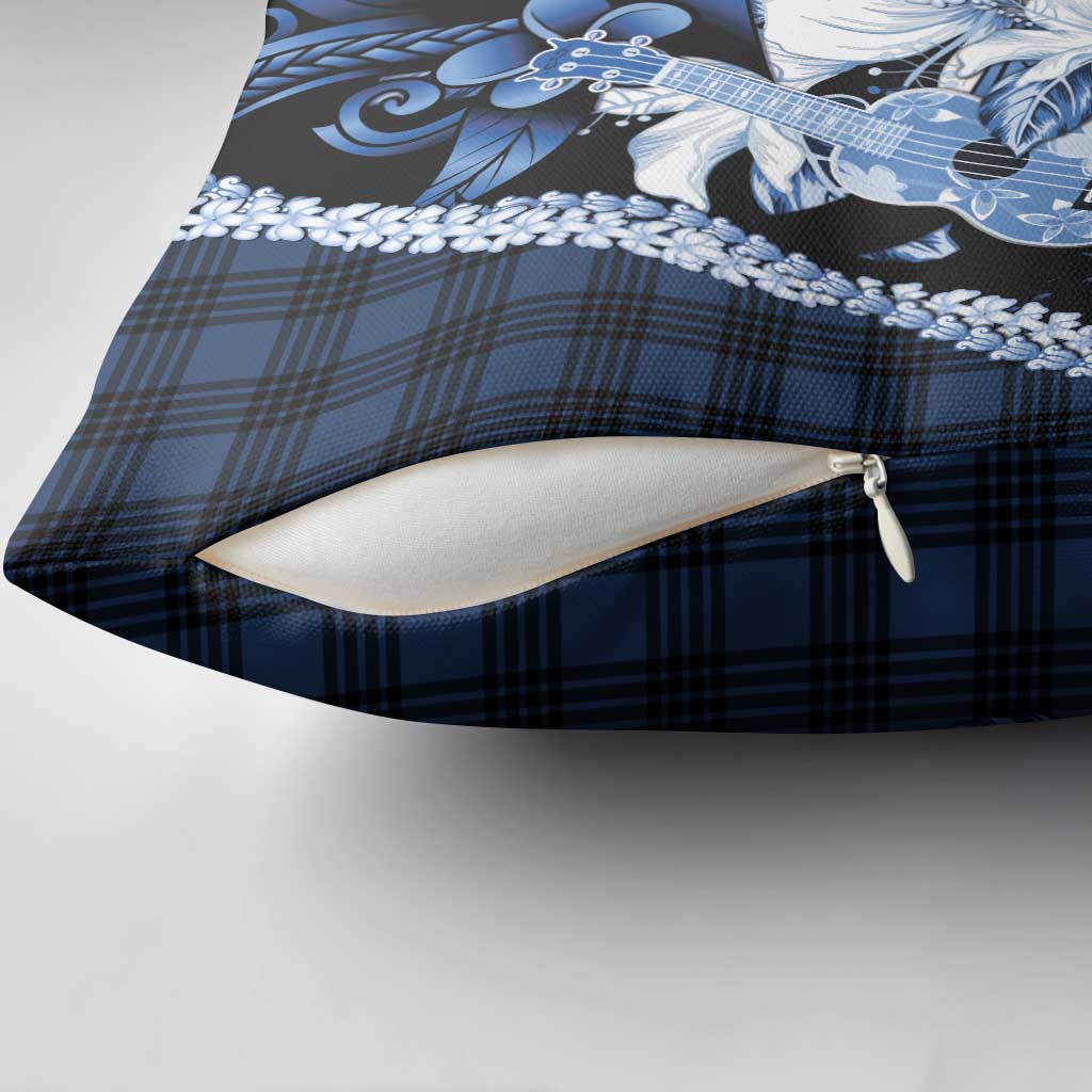 Hawaii Ukulele Pillow Cover Tropical Flowers With Palaka Effect Blue Version - Polynesian Pride