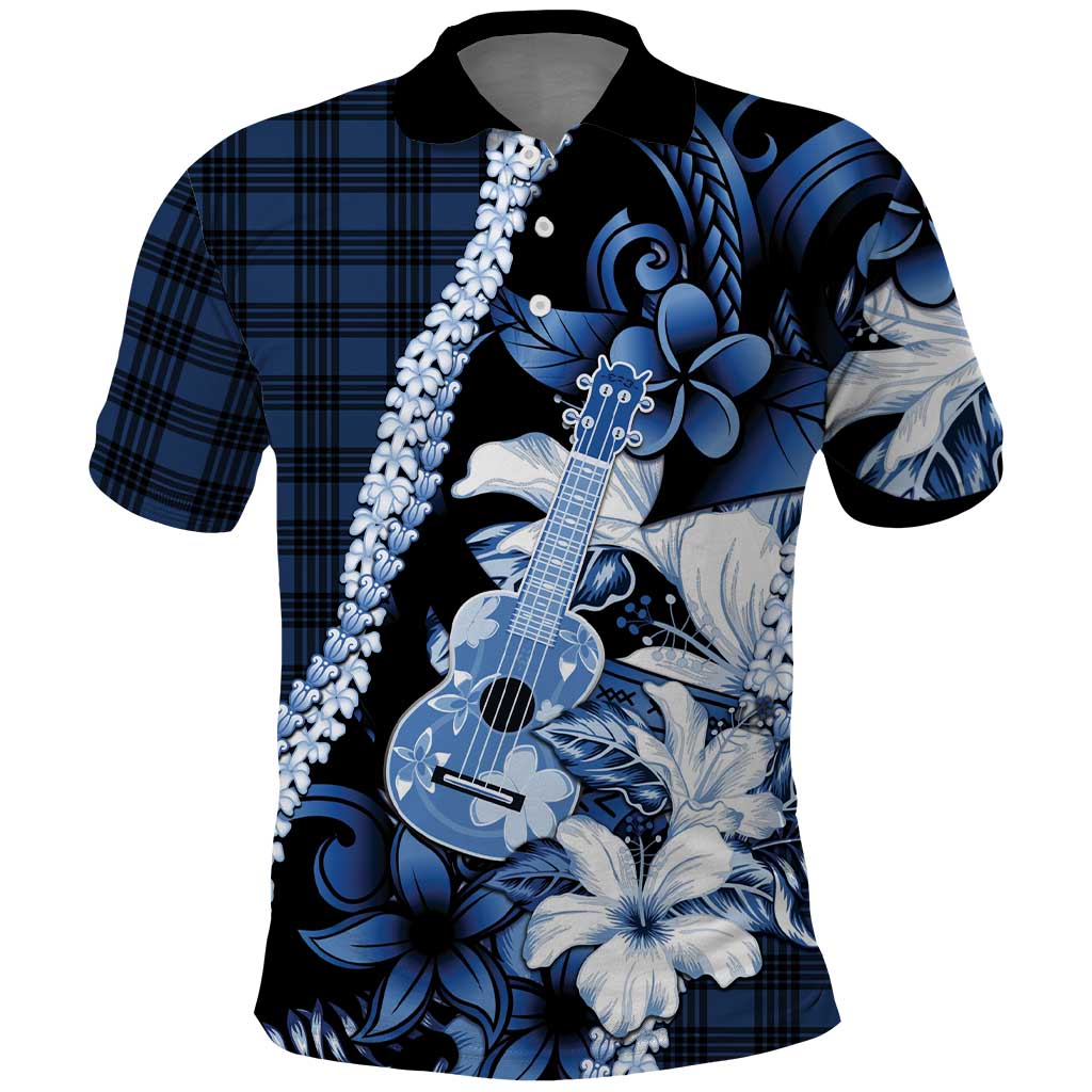 Hawaii Ukulele Polo Shirt Tropical Flowers With Palaka Effect Blue Version - Polynesian Pride