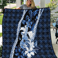 Hawaii Ukulele Quilt Tropical Flowers With Palaka Effect Blue Version - Polynesian Pride