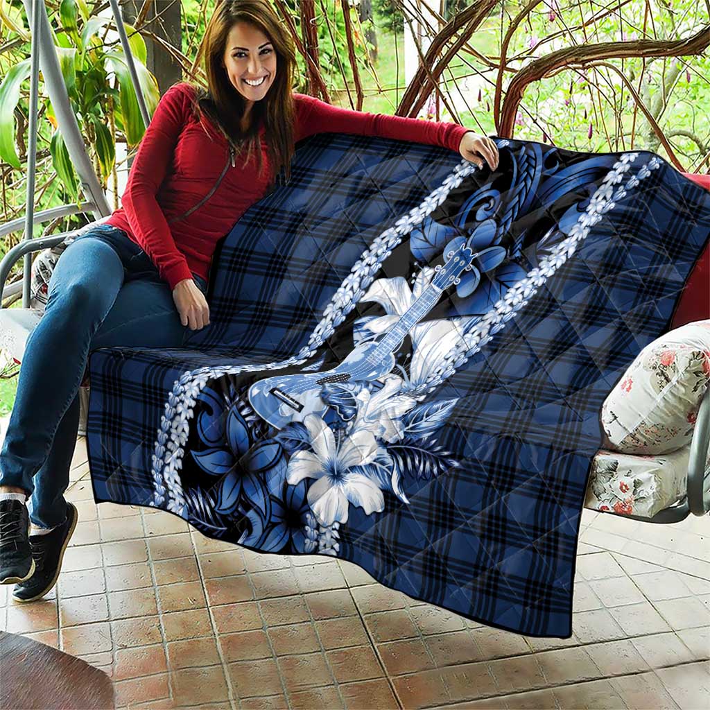 Hawaii Ukulele Quilt Tropical Flowers With Palaka Effect Blue Version - Polynesian Pride