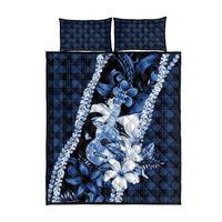 Hawaii Ukulele Quilt Bed Set Tropical Flowers With Palaka Effect Blue Version - Polynesian Pride