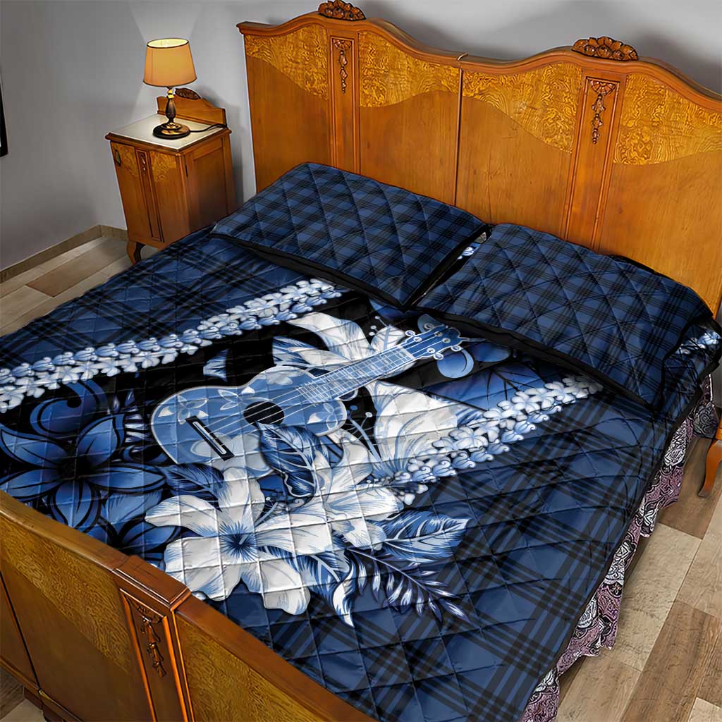 Hawaii Ukulele Quilt Bed Set Tropical Flowers With Palaka Effect Blue Version - Polynesian Pride