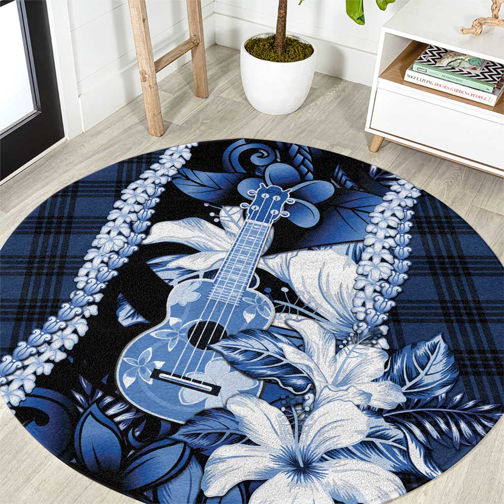 Hawaii Ukulele Round Carpet Tropical Flowers With Palaka Effect Blue Version LT05 Blue - Polynesian Pride