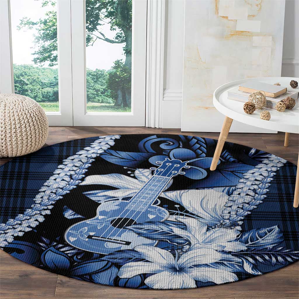 Hawaii Ukulele Round Carpet Tropical Flowers With Palaka Effect Blue Version - Polynesian Pride
