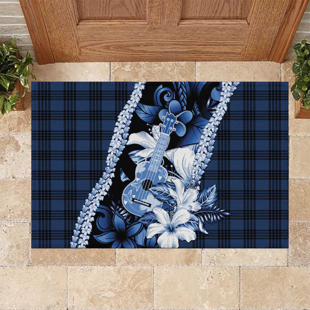 Hawaii Ukulele Rubber Doormat Tropical Flowers With Palaka Effect Blue Version LT05 Blue - Polynesian Pride