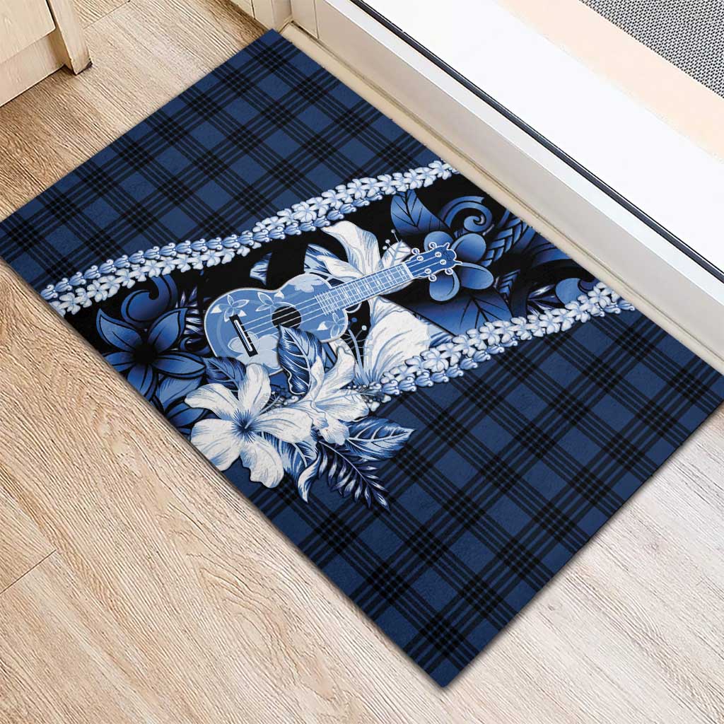 Hawaii Ukulele Rubber Doormat Tropical Flowers With Palaka Effect Blue Version - Polynesian Pride