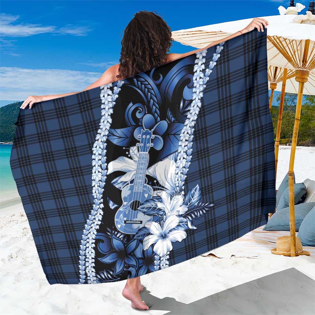 Hawaii Ukulele Sarong Tropical Flowers With Palaka Effect Blue Version LT05 One Size 44 x 66 inches Blue - Polynesian Pride