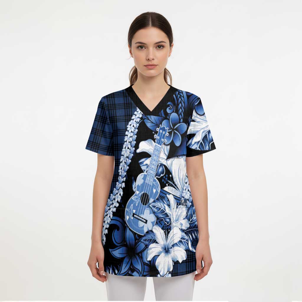 Hawaii Ukulele Scrub Top Tropical Flowers With Palaka Effect Blue Version - Polynesian Pride