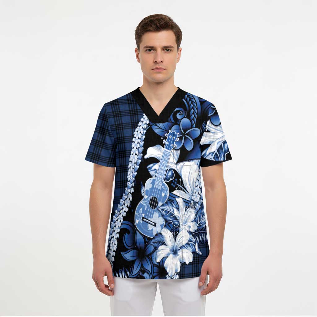 Hawaii Ukulele Scrub Top Tropical Flowers With Palaka Effect Blue Version - Polynesian Pride
