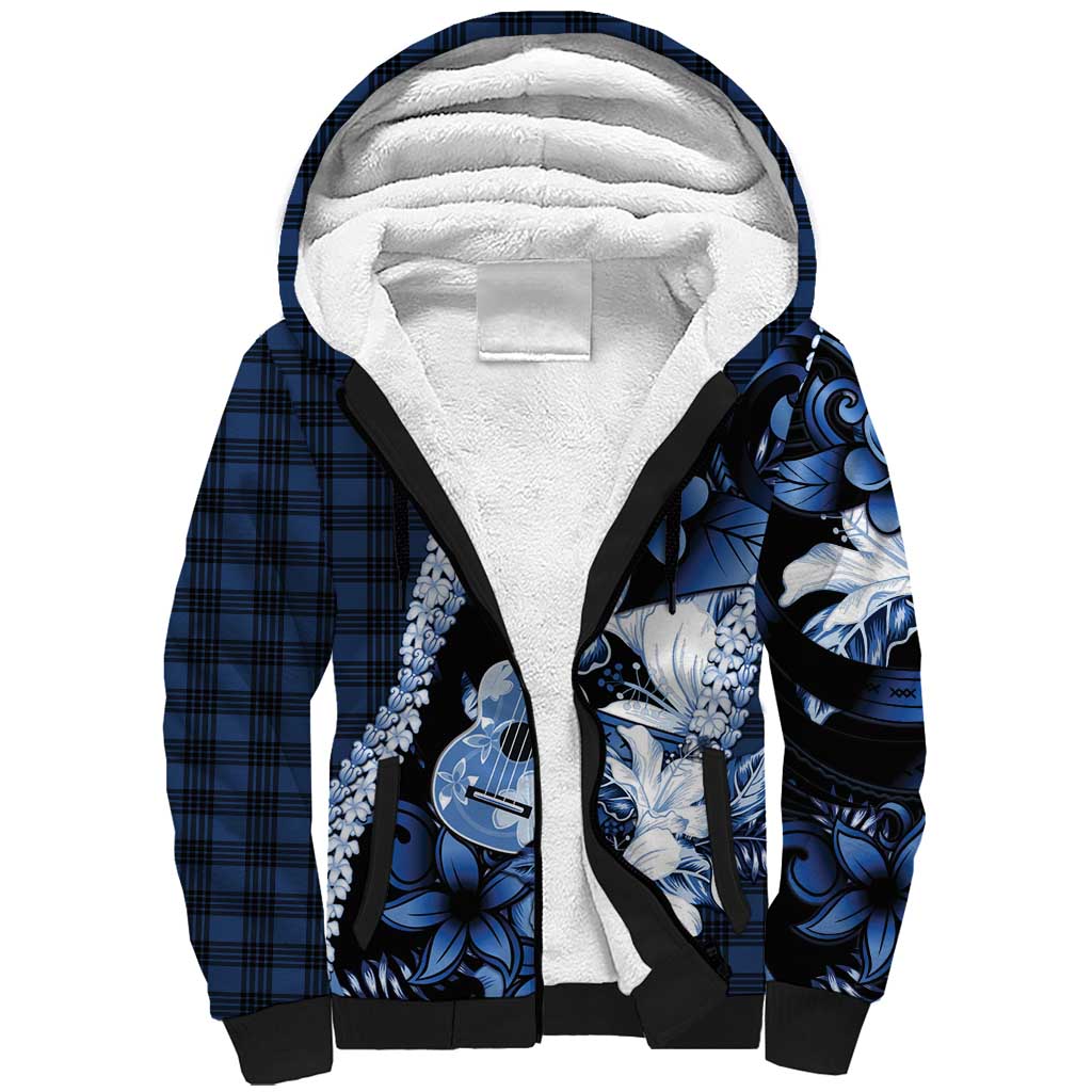 Hawaii Ukulele Sherpa Hoodie Tropical Flowers With Palaka Effect Blue Version - Polynesian Pride