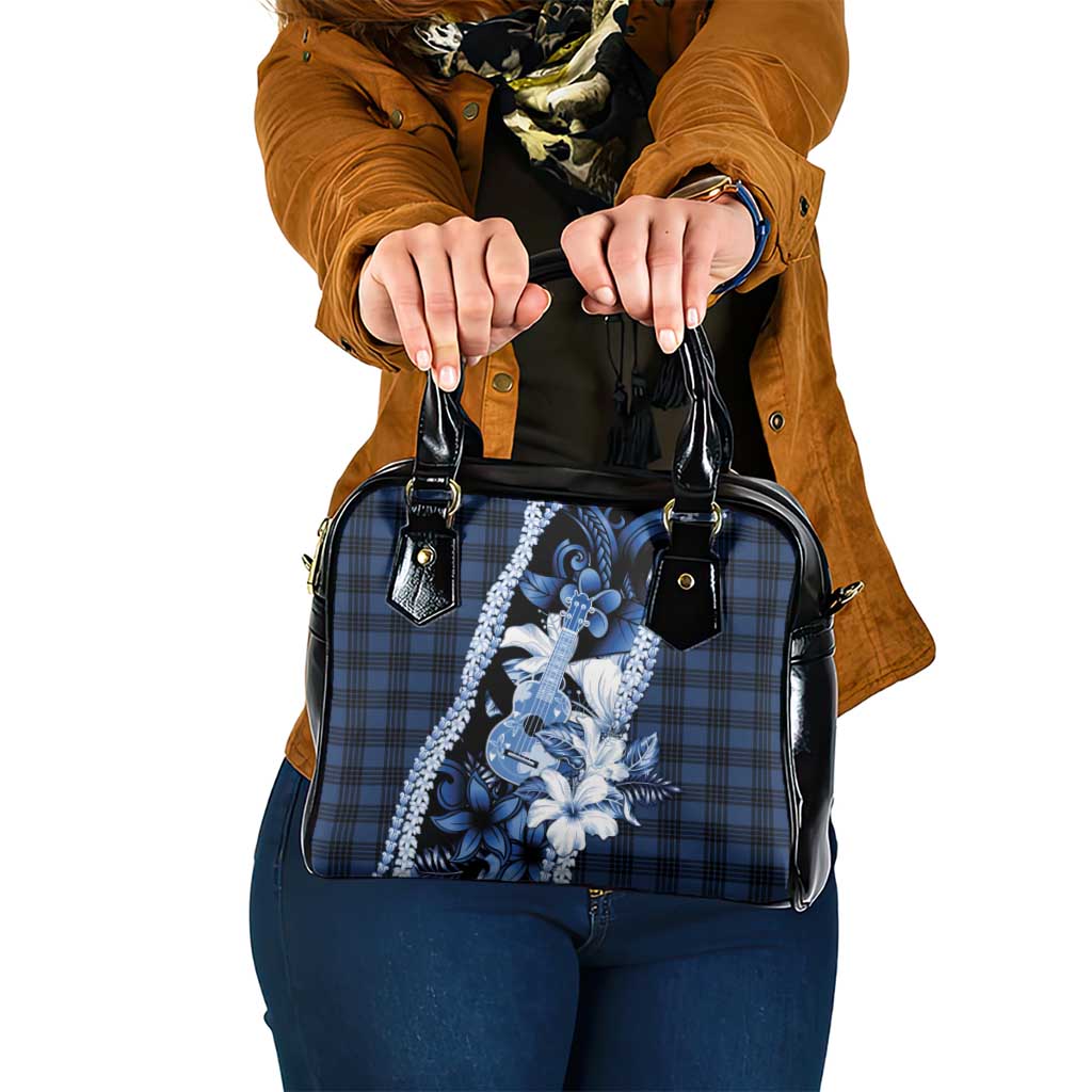 Hawaii Ukulele Shoulder Handbag Tropical Flowers With Palaka Effect Blue Version LT05 One Size Blue - Polynesian Pride