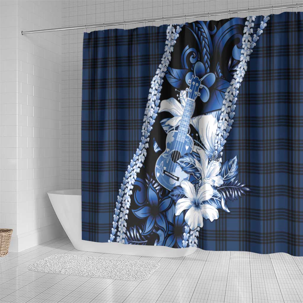 Hawaii Ukulele Shower Curtain Tropical Flowers With Palaka Effect Blue Version - Polynesian Pride