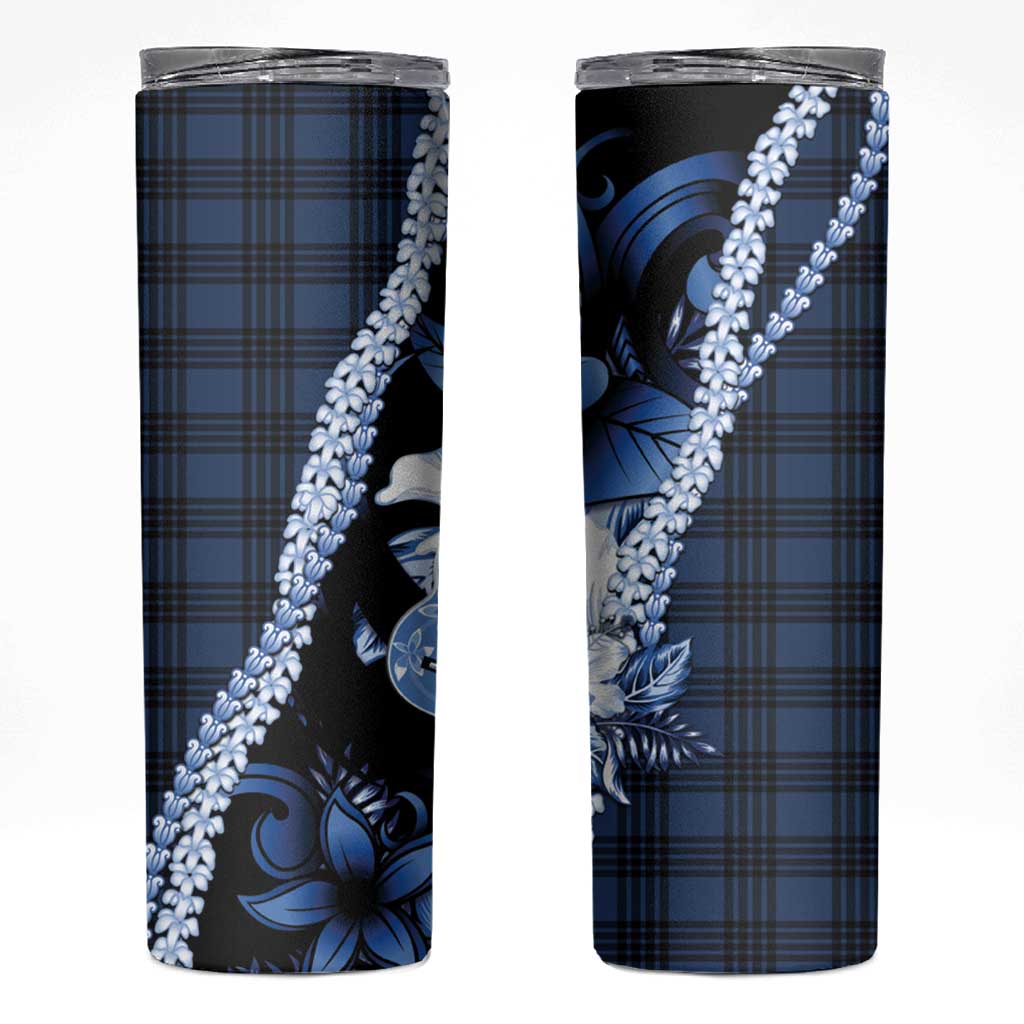Hawaii Ukulele Skinny Tumbler Tropical Flowers With Palaka Effect Blue Version - Polynesian Pride