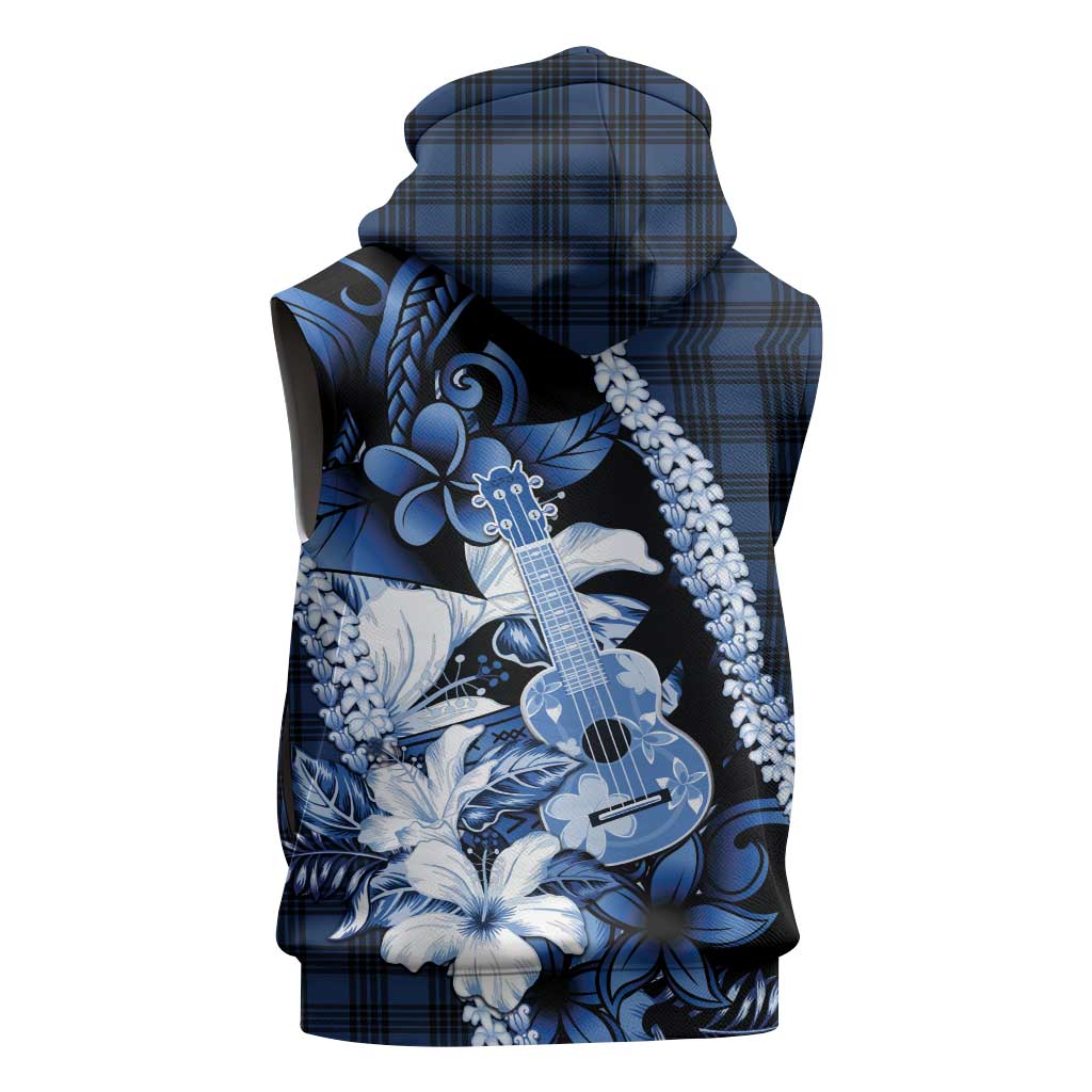 Hawaii Ukulele Sleeveless Hoodie Tropical Flowers With Palaka Effect Blue Version - Polynesian Pride