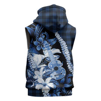 Hawaii Ukulele Sleeveless Hoodie Tropical Flowers With Palaka Effect Blue Version - Polynesian Pride