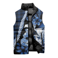 Hawaii Ukulele Sleeveless Puffer Jacket Tropical Flowers With Palaka Effect Blue Version - Polynesian Pride