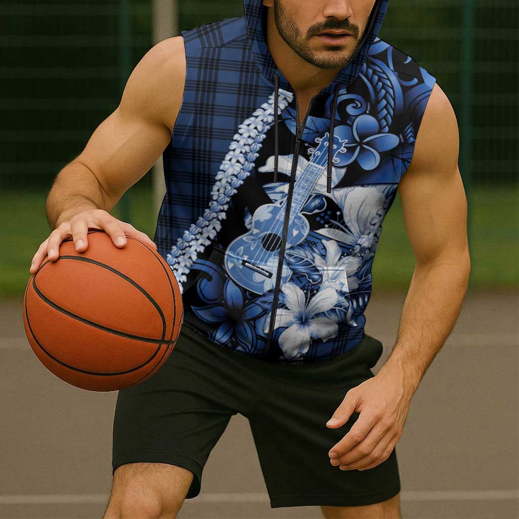 Hawaii Ukulele Sleeveless Zip Hoodie Tropical Flowers With Palaka Effect Blue Version - Polynesian Pride