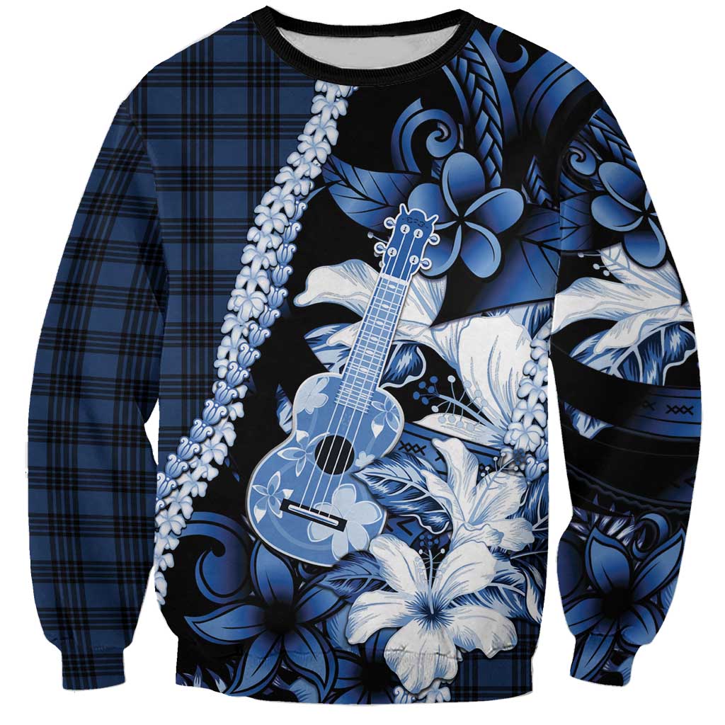 Hawaii Ukulele Sweatshirt Tropical Flowers With Palaka Effect Blue Version - Polynesian Pride
