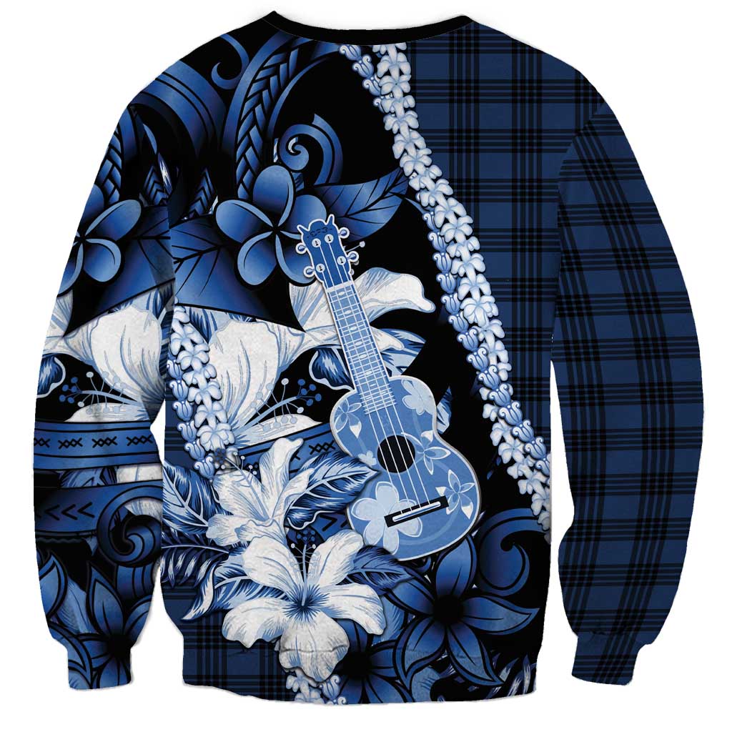 Hawaii Ukulele Sweatshirt Tropical Flowers With Palaka Effect Blue Version - Polynesian Pride