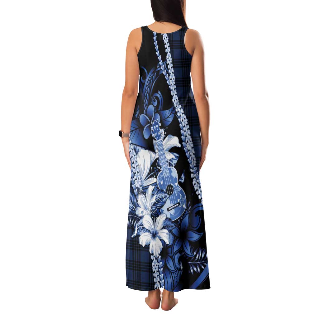 Hawaii Ukulele Tank Maxi Dress Tropical Flowers With Palaka Effect Blue Version - Polynesian Pride
