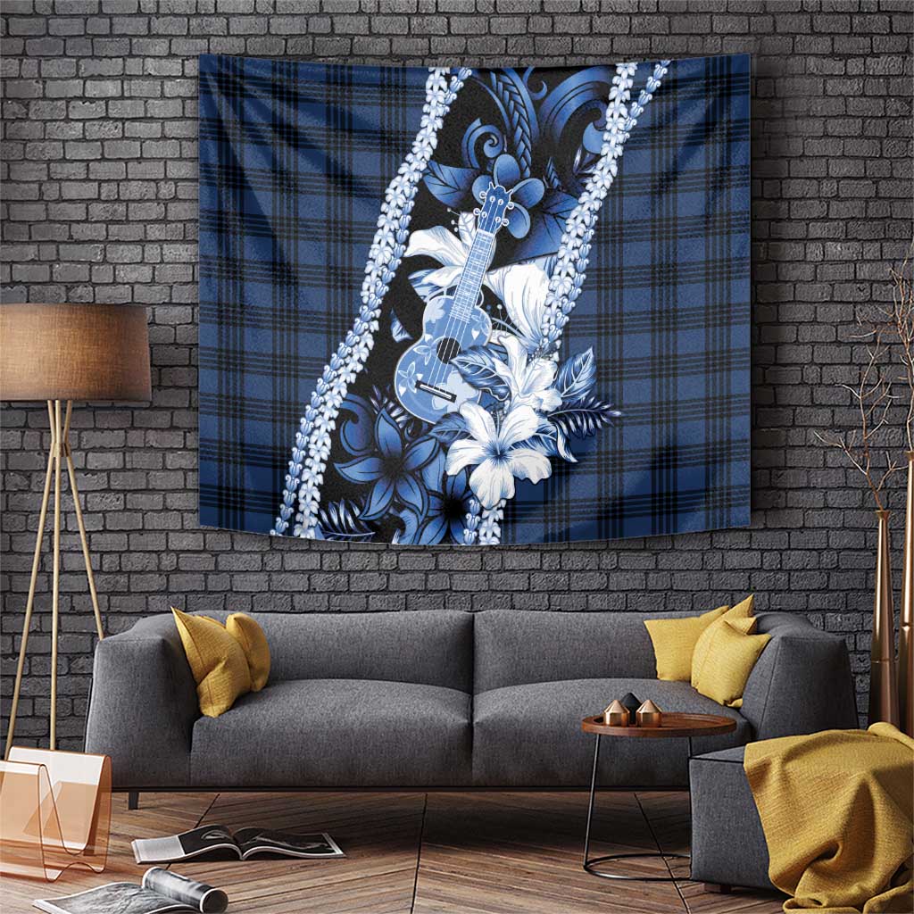 Hawaii Ukulele Tapestry Tropical Flowers With Palaka Effect Blue Version - Polynesian Pride
