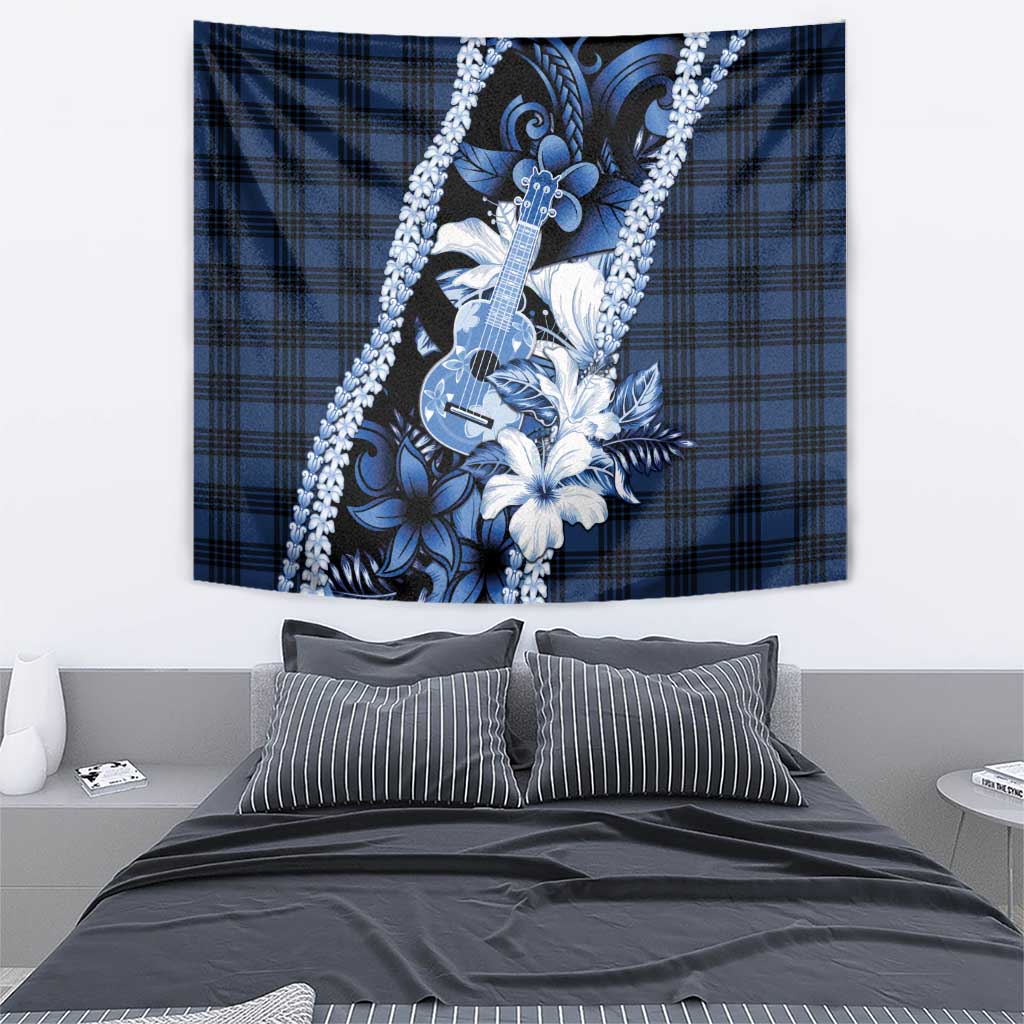 Hawaii Ukulele Tapestry Tropical Flowers With Palaka Effect Blue Version - Polynesian Pride