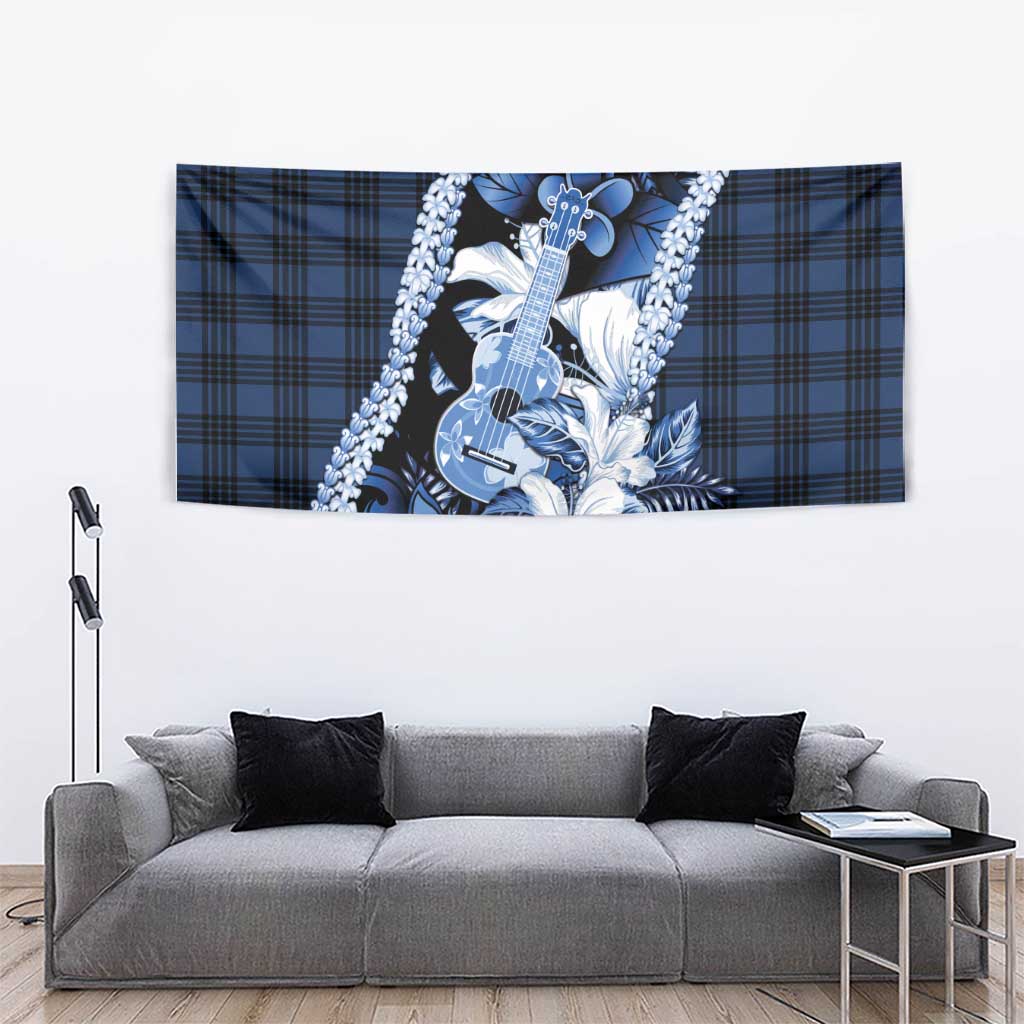 Hawaii Ukulele Tapestry Tropical Flowers With Palaka Effect Blue Version - Polynesian Pride