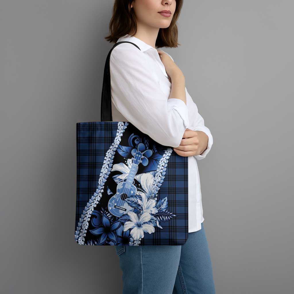 Hawaii Ukulele Tote Bag Tropical Flowers With Palaka Effect Blue Version - Polynesian Pride