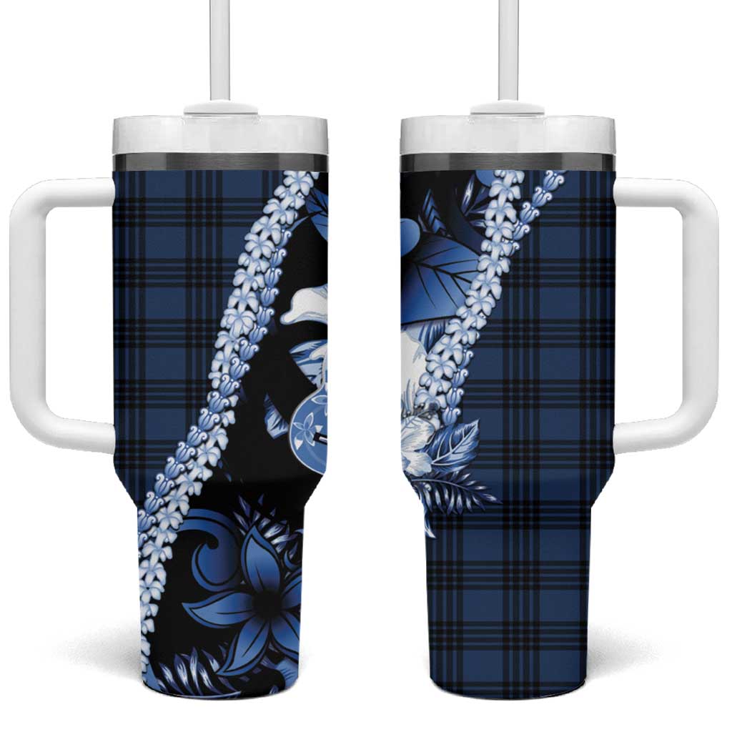 Hawaii Ukulele Tumbler With Handle Tropical Flowers With Palaka Effect Blue Version - Polynesian Pride