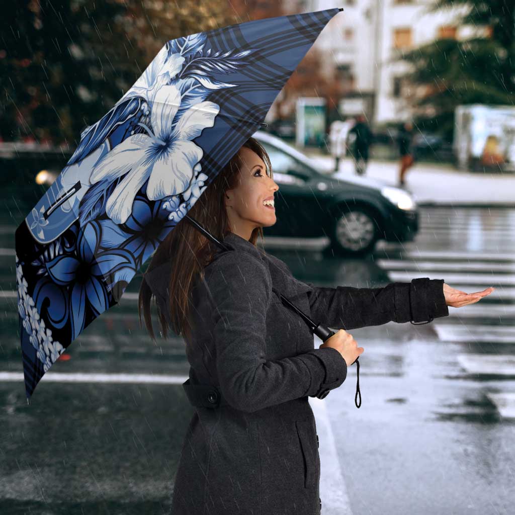 Hawaii Ukulele Umbrella Tropical Flowers With Palaka Effect Blue Version - Polynesian Pride