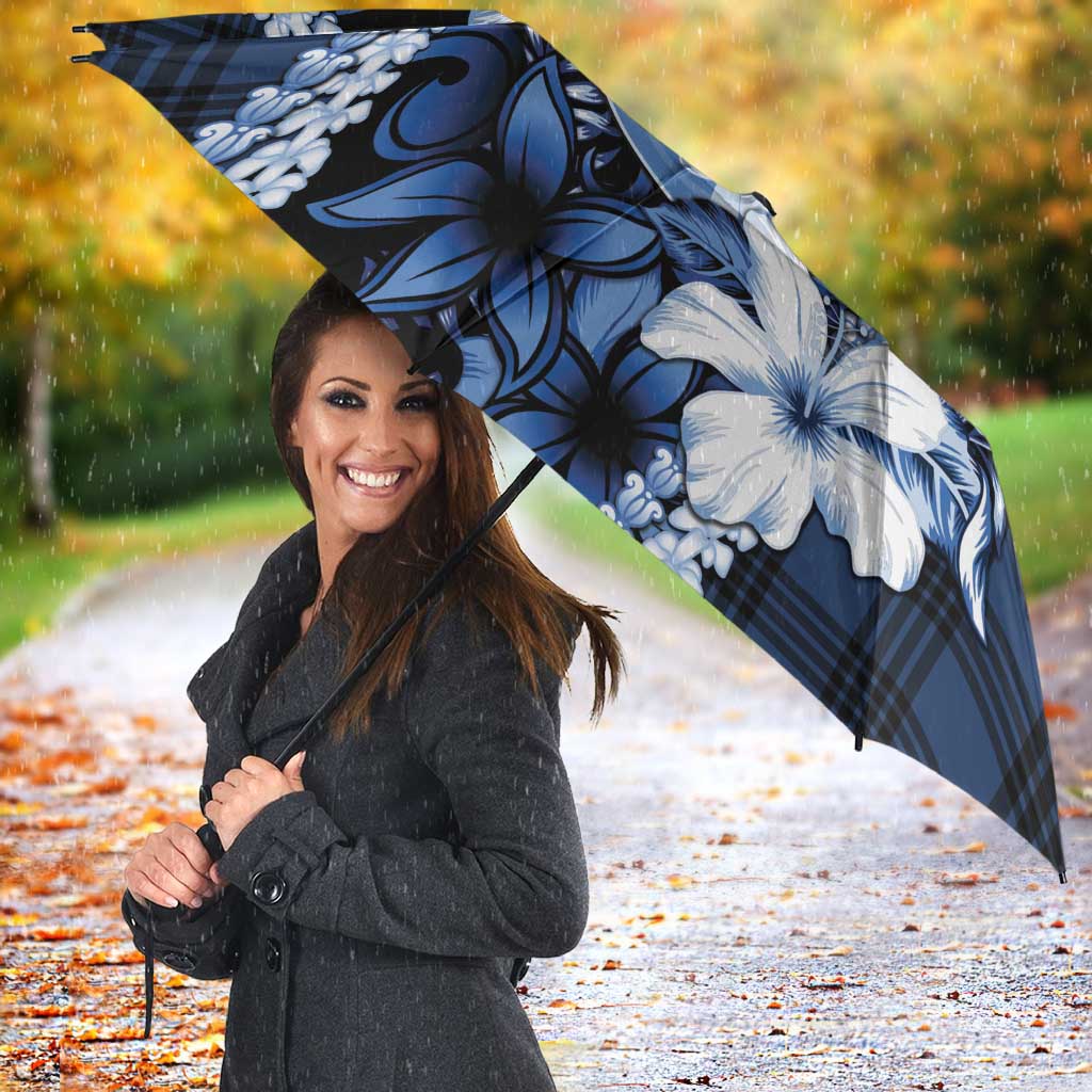 Hawaii Ukulele Umbrella Tropical Flowers With Palaka Effect Blue Version - Polynesian Pride