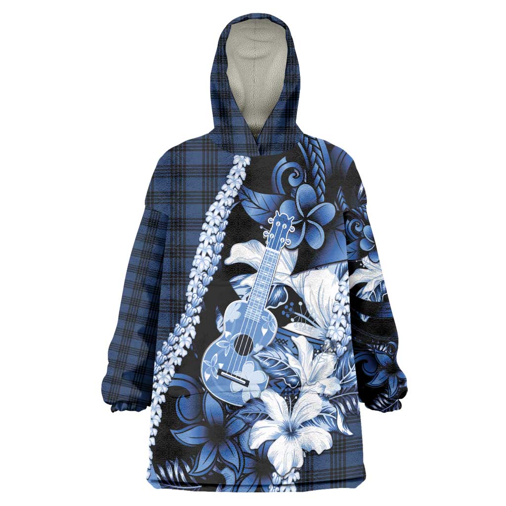 Hawaii Ukulele Wearable Blanket Hoodie Tropical Flowers With Palaka Effect Blue Version - Polynesian Pride