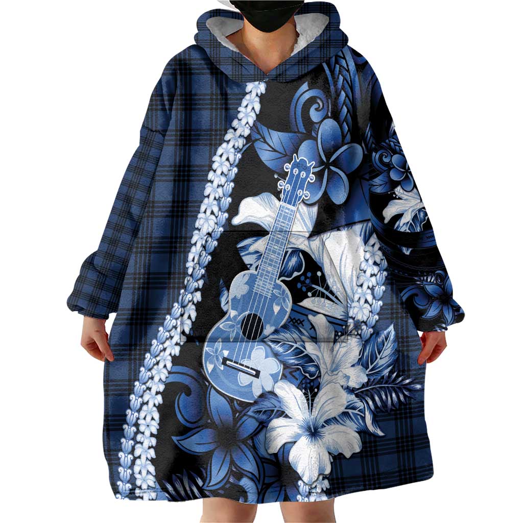 Hawaii Ukulele Wearable Blanket Hoodie Tropical Flowers With Palaka Effect Blue Version - Polynesian Pride