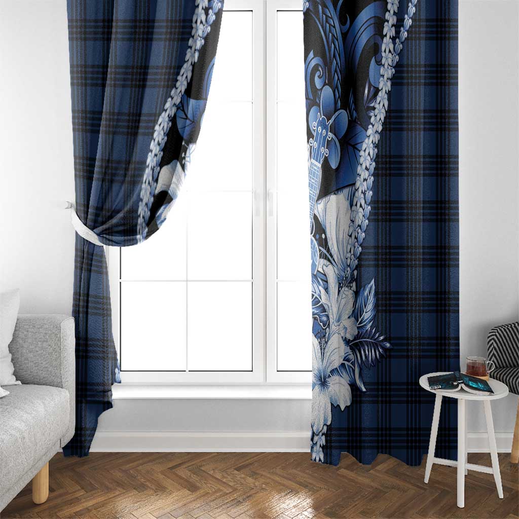 Hawaii Ukulele Window Curtain Tropical Flowers With Palaka Effect Blue Version - Polynesian Pride