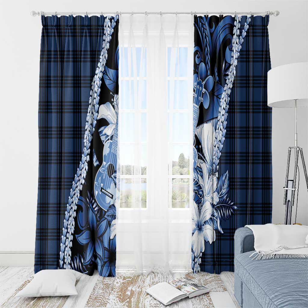 Hawaii Ukulele Window Curtain Tropical Flowers With Palaka Effect Blue Version - Polynesian Pride