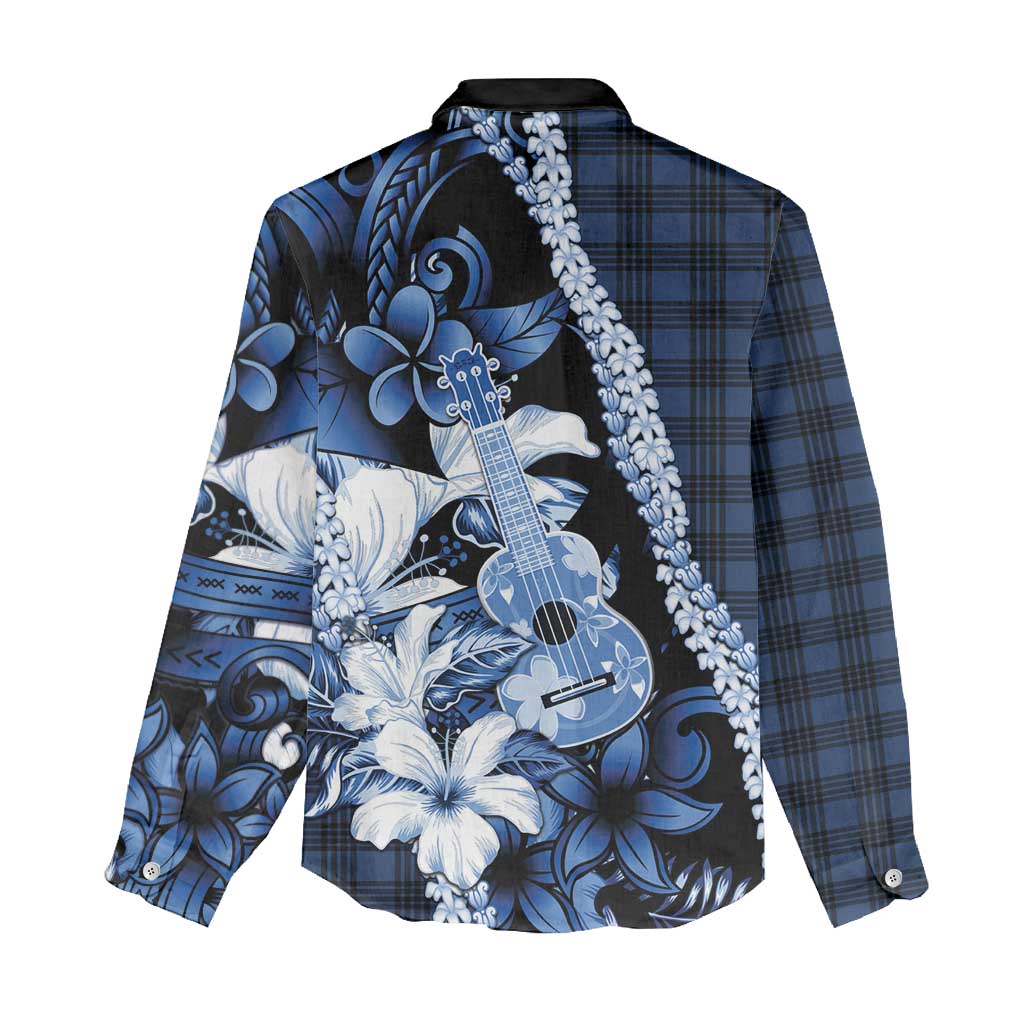 Hawaii Ukulele Women Casual Shirt Tropical Flowers With Palaka Effect Blue Version - Polynesian Pride