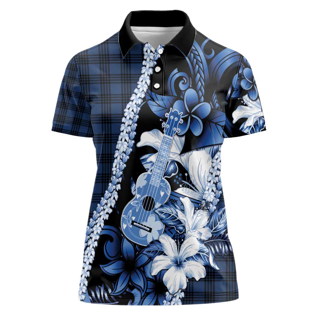 Hawaii Ukulele Women Polo Shirt Tropical Flowers With Palaka Effect Blue Version - Polynesian Pride