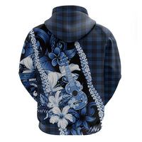 Hawaii Ukulele Zip Hoodie Tropical Flowers With Palaka Effect Blue Version - Polynesian Pride