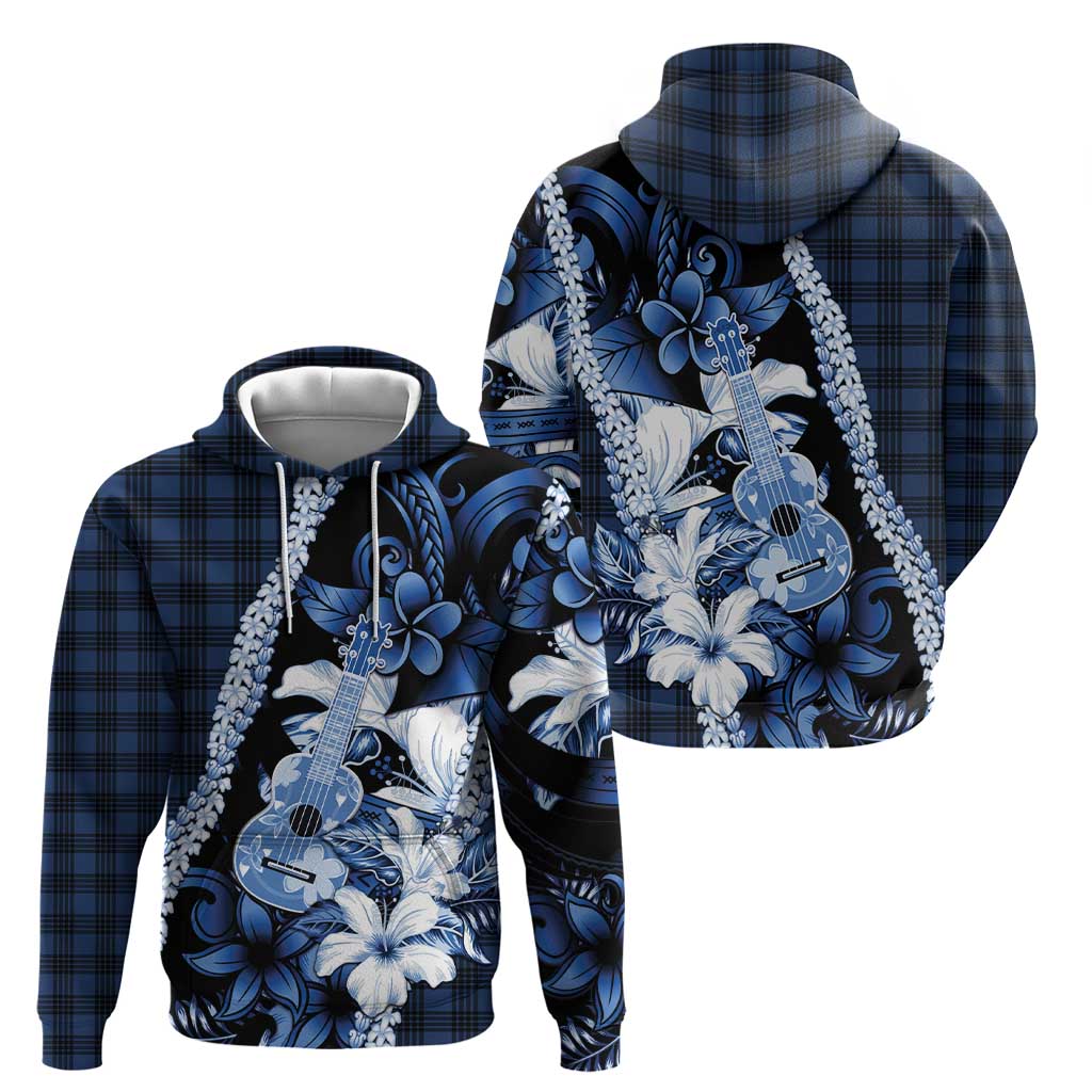 Hawaii Ukulele Zip Hoodie Tropical Flowers With Palaka Effect Blue Version - Polynesian Pride