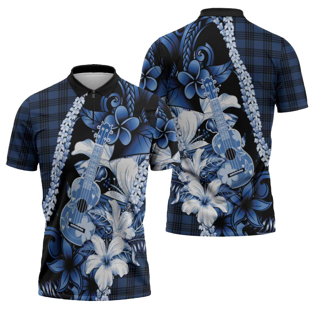 Hawaii Ukulele Zipper Polo Shirt Tropical Flowers With Palaka Effect Blue Version - Polynesian Pride