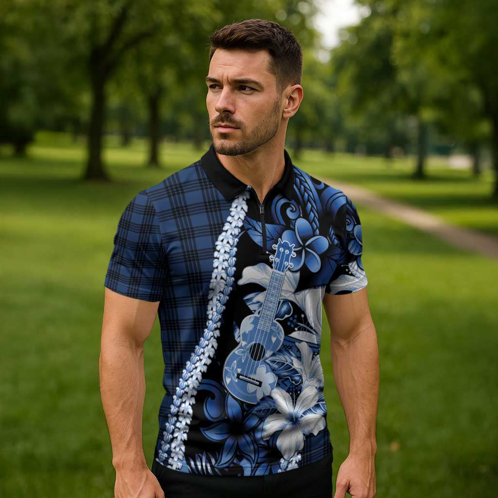 Hawaii Ukulele Zipper Polo Shirt Tropical Flowers With Palaka Effect Blue Version - Polynesian Pride