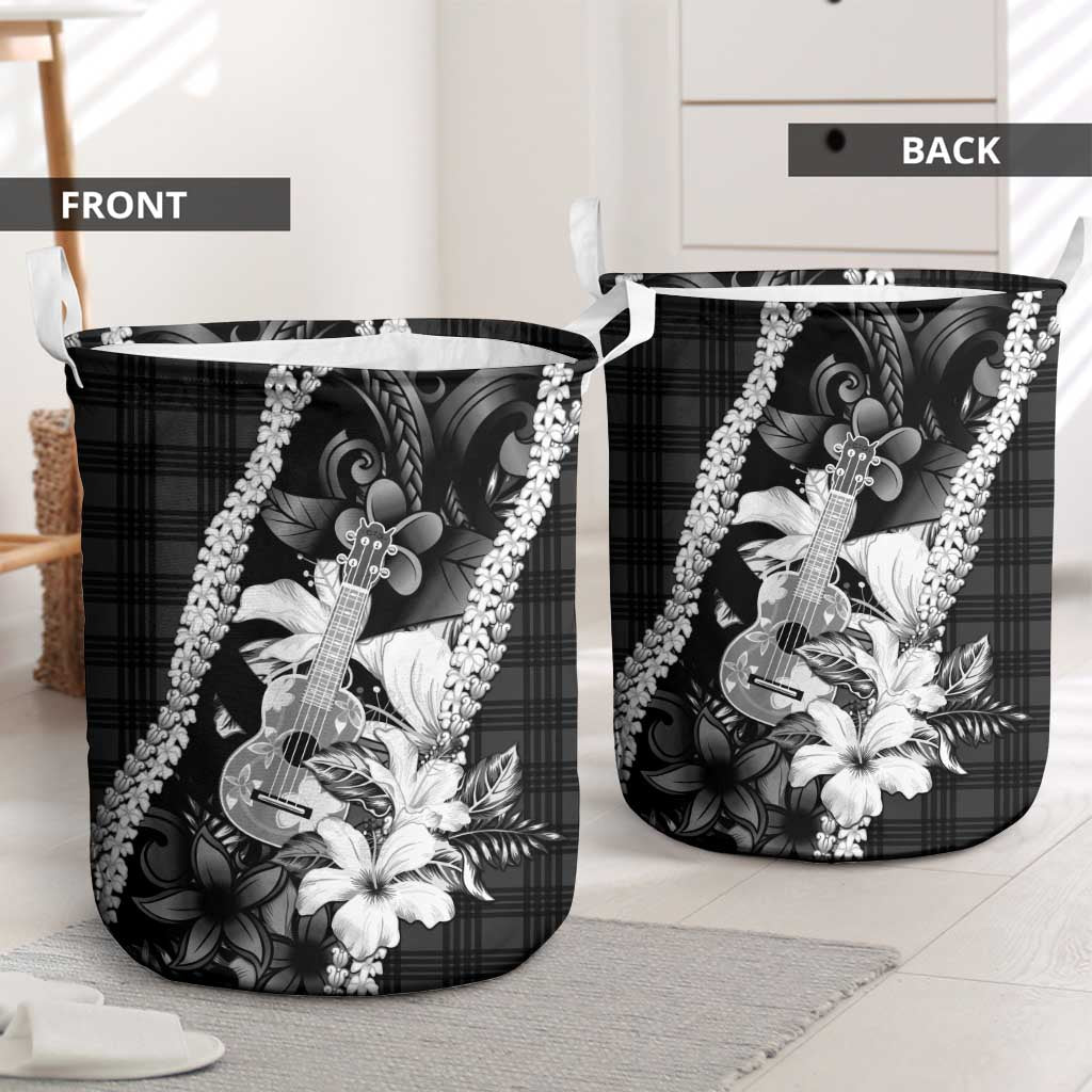 Hawaii Ukulele Laundry Basket Tropical Flowers With Palaka Effect Black Version - Polynesian Pride